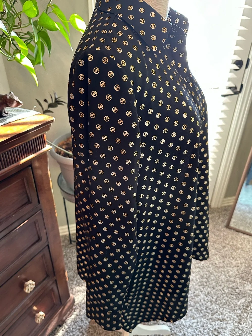 Michael Kors Black Button-Down Shirt with Cream Dot Pattern